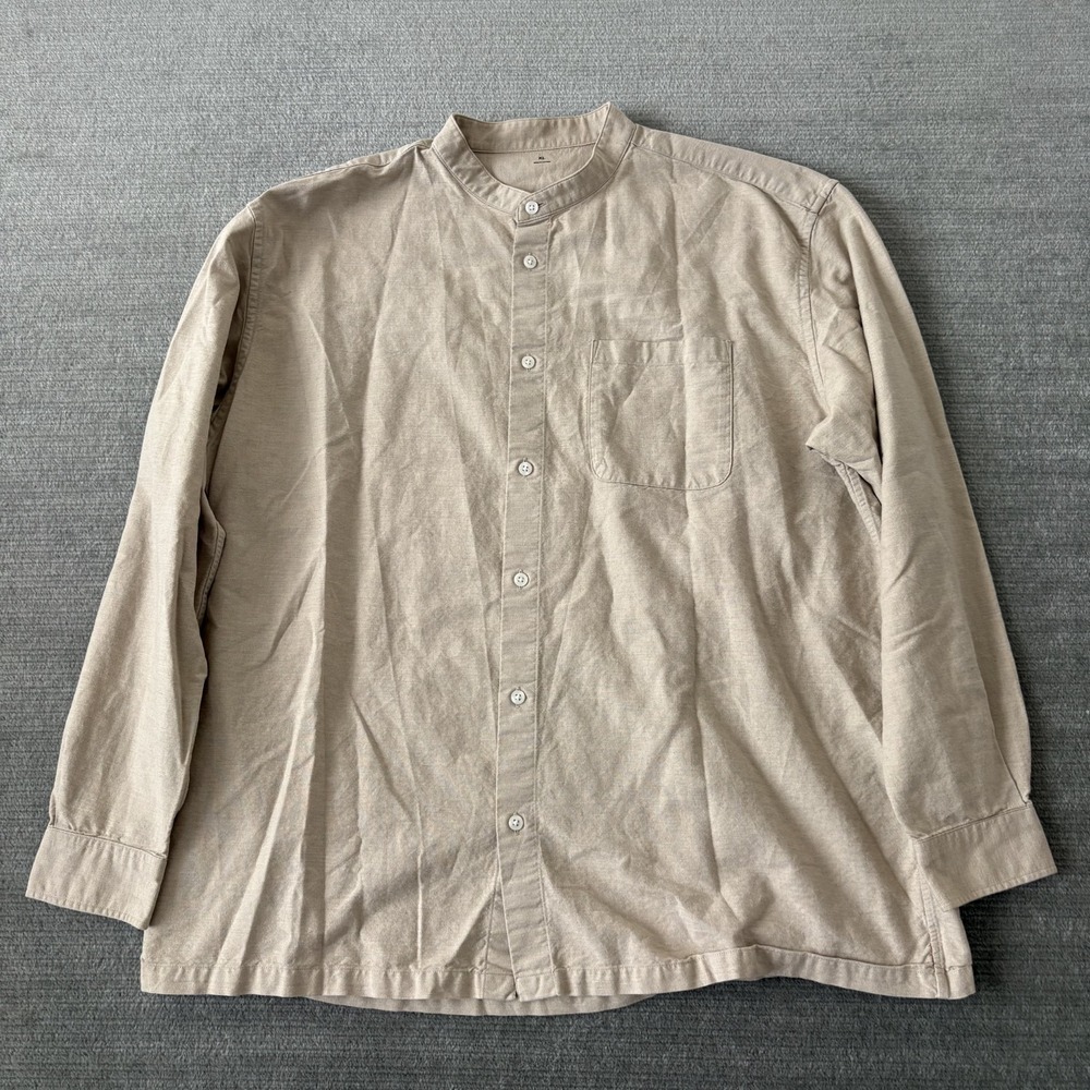 Muji Button Up Shirt Mens XL Beige Band Collar Pocket Coastal Resort
